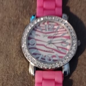 Pink Zebra Pattern Watch with Crystal Accents Geneva Platinum Watch